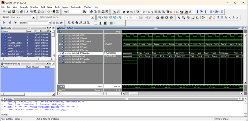 Modelsim window showing simulation waveform and a testbench passed message
