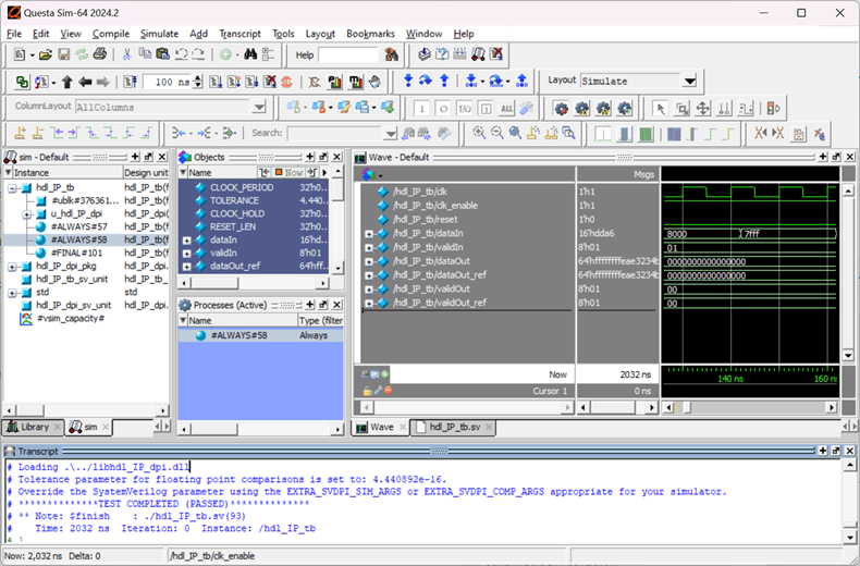 ModelSim window showing successful completion of DPI-C testbench simulation