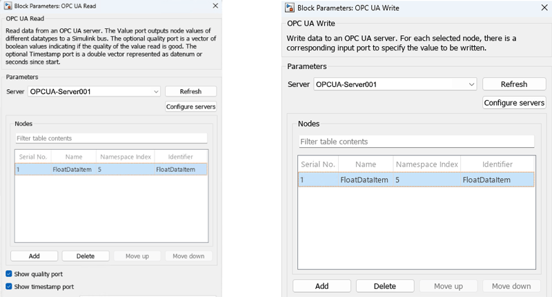 OPC UA Read and OPC UA Write block parameter dialog boxes with FloatDataItem node added to the Nodes table