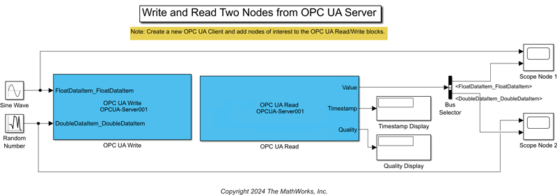 Simulink model writing Sine Wave and Random Number to two nodes via OPC UA Write, reading them back with OPC UA Read, and using a Bus Selector to route each node value to a separate scope