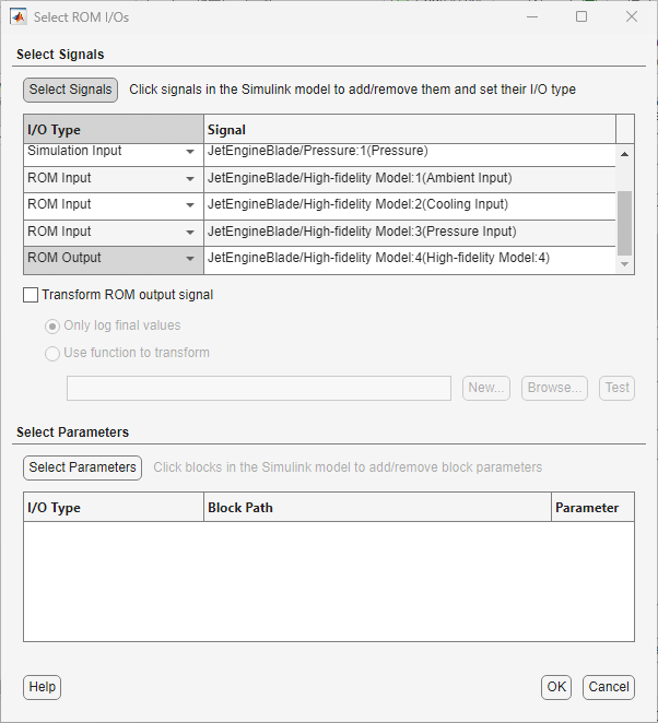 Select ROM I/Os dialog box showing the selected signals.