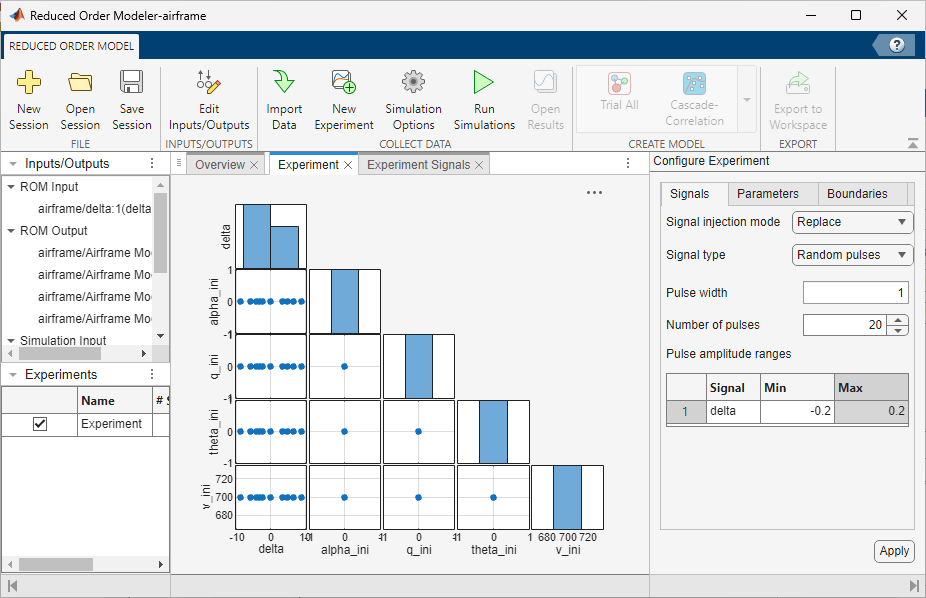 Experiment tab in the Reduced Order Modeler app with the signals configured.