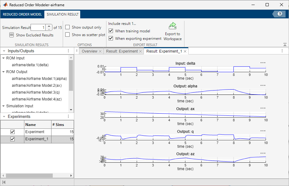 Reduced Order Modeler app showing the simulation results.