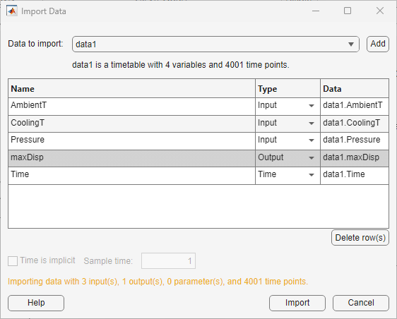 Import Data dialog box with the Type column specified.