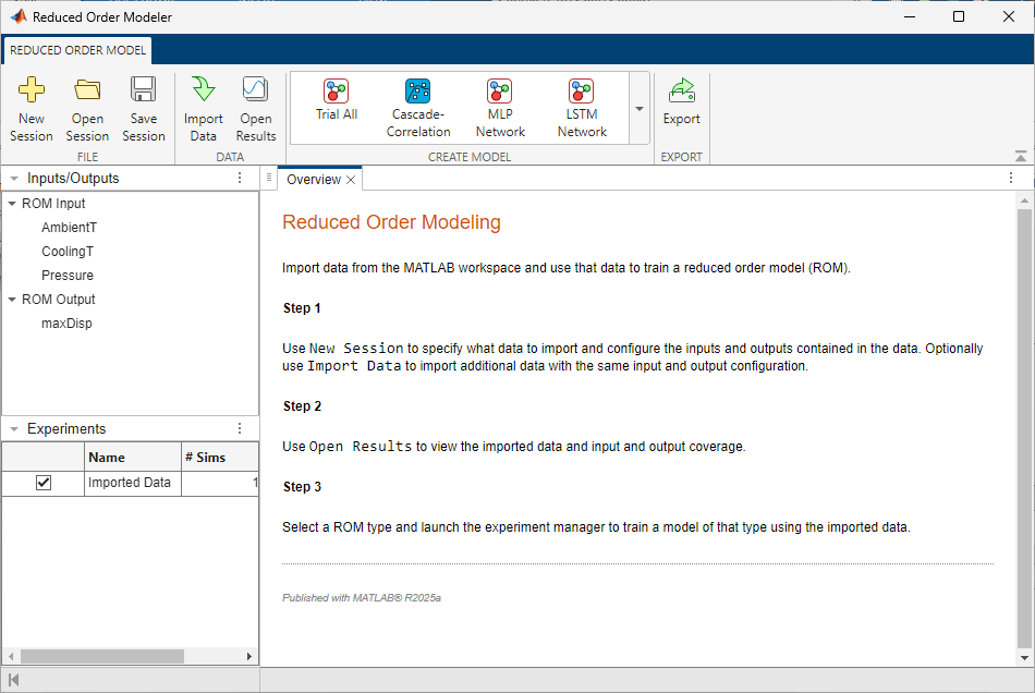 Inputs/Outputs and Experiments panes in the Reduced Order Modeler app.