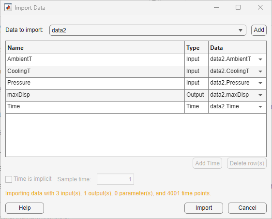 Import Data dialog box showing data2.