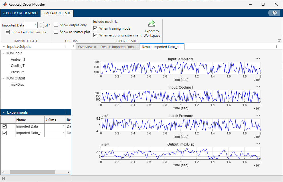 Reduced Order Modeler app showing the simulation results.