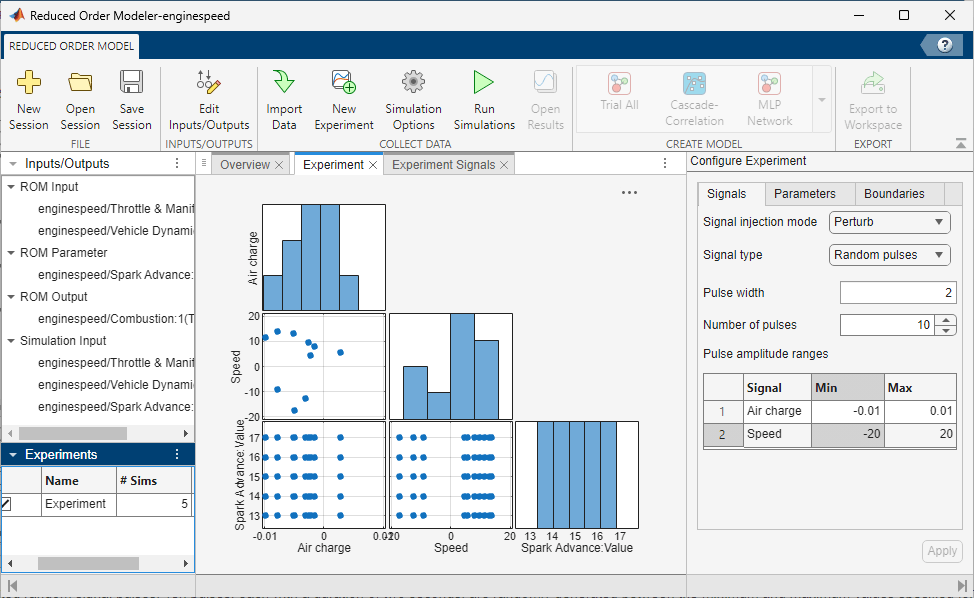 Experiment tab in the Reduced Order Modeler app.