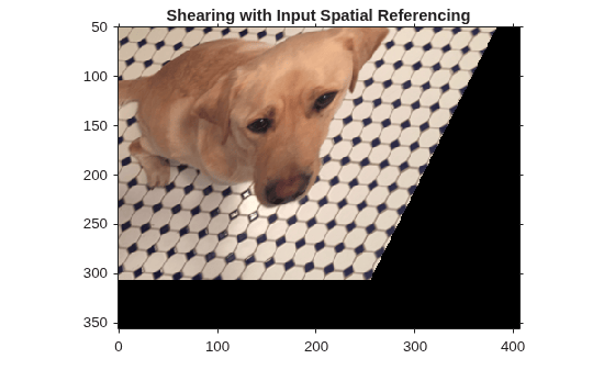 Figure contains an axes object. The axes object with title Shearing with Input Spatial Referencing contains an object of type image.