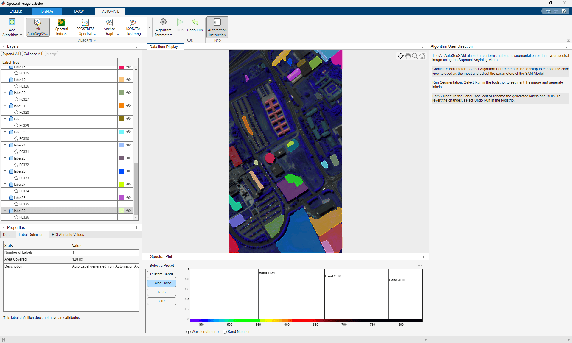Hyperspectral image segmented using custom automation algorithm in Spectral Image Labeler app.