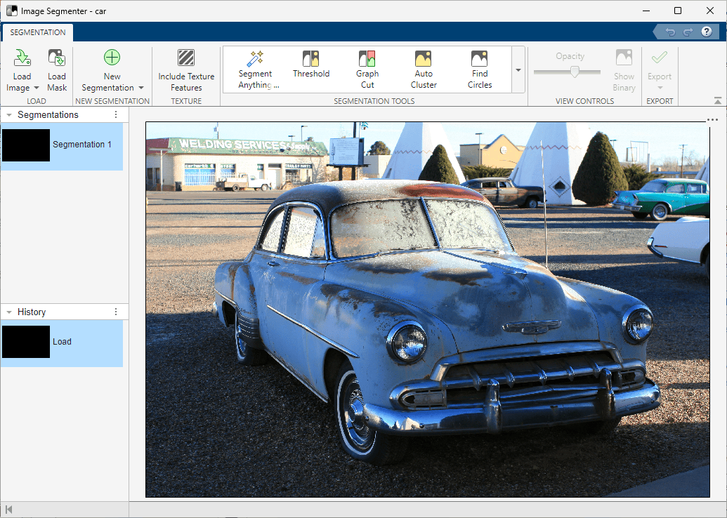 The screenshot shows the image segmenter app, and the user has loaded an image of an old car.
