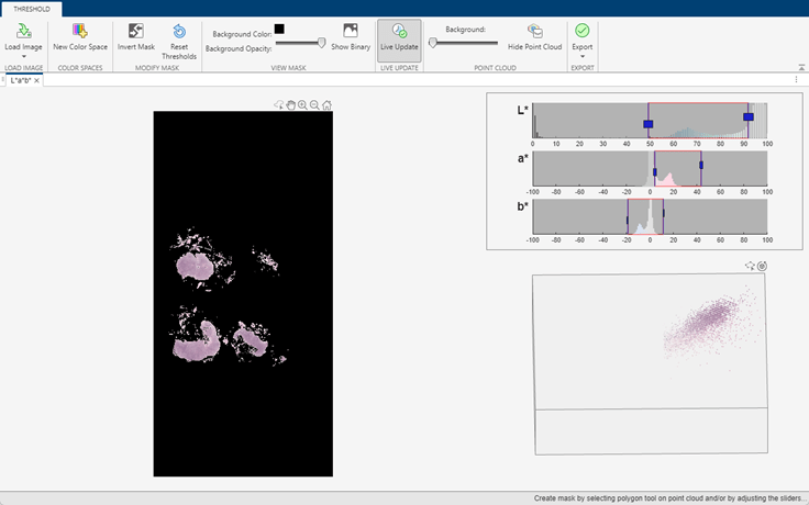 Color thresholder app with the histograms of the L*, a*, and b* pixel values and the segmented image that results from thresholding the color channels.