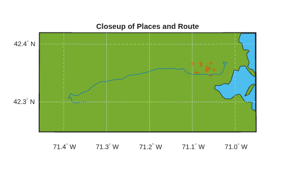 Figure contains an axes object. The hidden axes object with title Closeup of Places and Route contains 25 objects of type patch, line, text. One or more of the lines displays its values using only markers