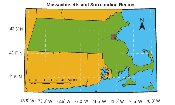Figure contains an axes object. The hidden axes object with title Massachusetts and Surrounding Region contains 54 objects of type patch, line, text, surface. One or more of the lines displays its values using only markers