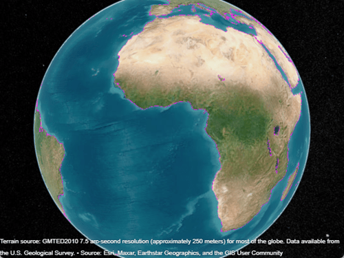 A globe with a magenta line along coastlines. The line appears broken.