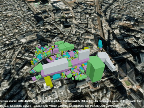 3-D buildings displayed over satellite imagery