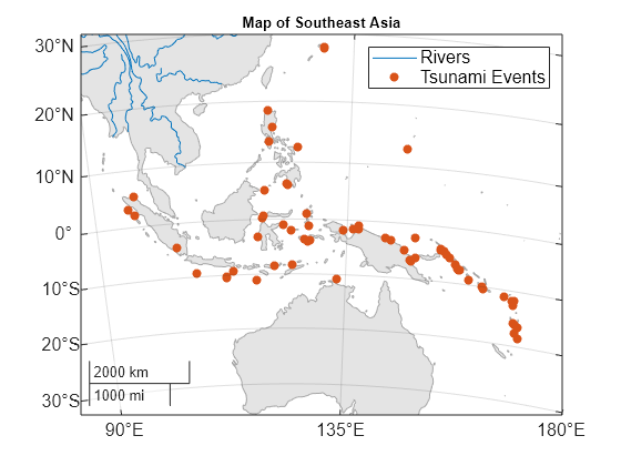 Figure contains an axes object with type mapaxes. The mapaxes object contains 2 objects of type line, scatter. These objects represent Rivers, Tsunami Events.