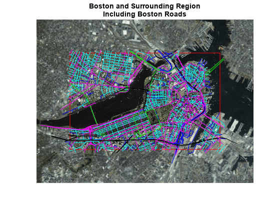 Figure contains an axes object. The axes object with title Boston and Surrounding Region Including Boston Roads contains 2806 objects of type line, patch, surface, image, text.