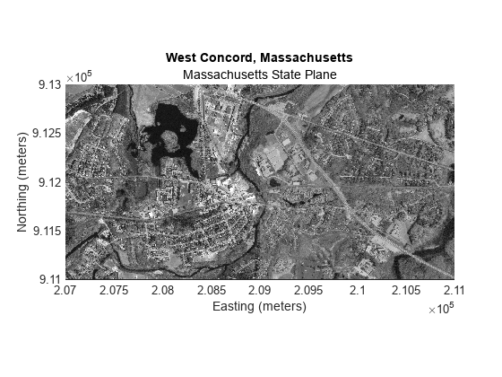 Figure contains an axes object. The axes object with title West Concord, Massachusetts, xlabel Easting (meters), ylabel Northing (meters) contains an object of type image.