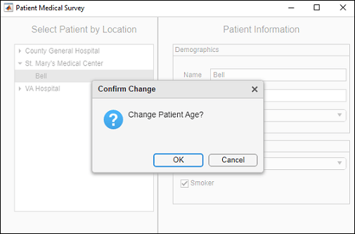 Patient Medical Survey app with a confirmation dialog box. The title of the dialog box is "Confirm Change", and the text is "Change Patient Age?".