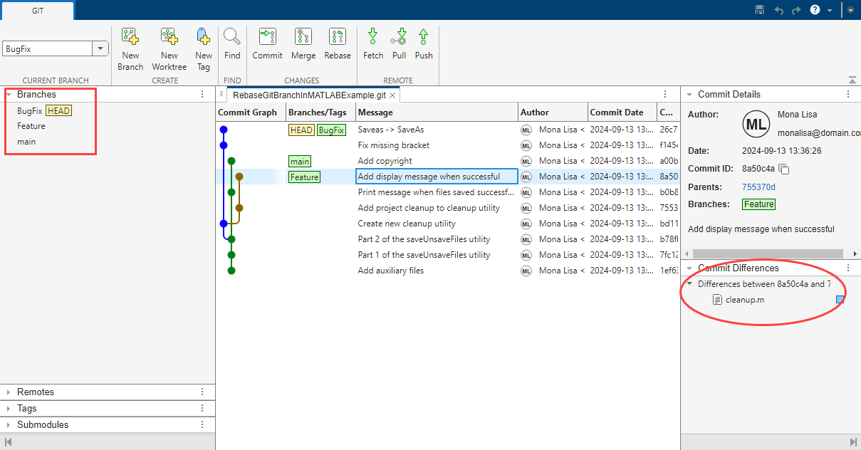 The Branch Manager tool shows a toolstrip on the top, a list of branches on the left, a commit graph and other details in the center, and commit details on the right.