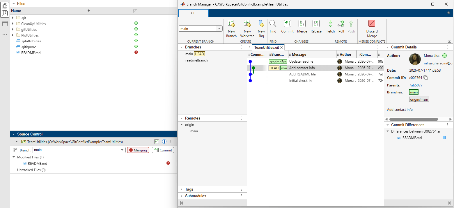 Source Control and Files panel stacked on the left and the Branch Manager on the right