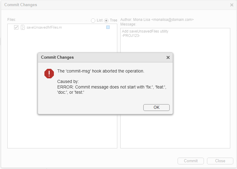 Error dialog forwarding the error from the commit-msg hook