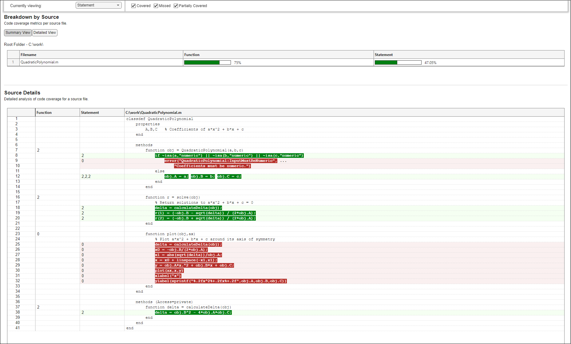 Interactive HTML code coverage report displaying all the statements that were covered or missed by the tests