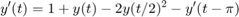 $$y'(t) = 1 + y(t) - 2y(t/2)^2 - y'(t-\pi)$$