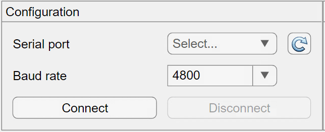 Configuration panel in the app. The panel contains drop-down lists to select the serial port and baud rate, a refresh button, a connect button, and a disabled disconnect button.