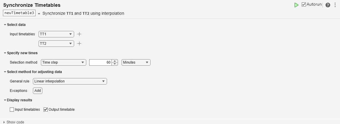 Retime and combine timetables to new time vector in the Live Editor