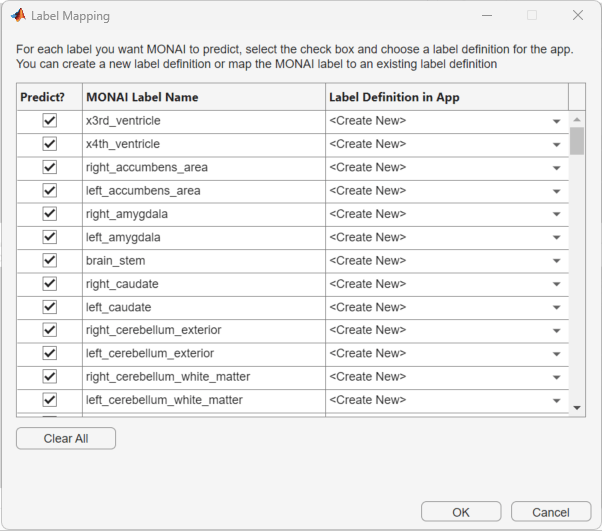 Label Mapping dialog box, showing all labels for the brain segmentation model selected for prediction