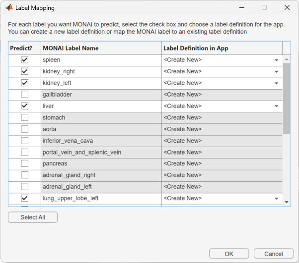 Updated Label Definitions pane with the new labels from the segmentation MONAI Label model.