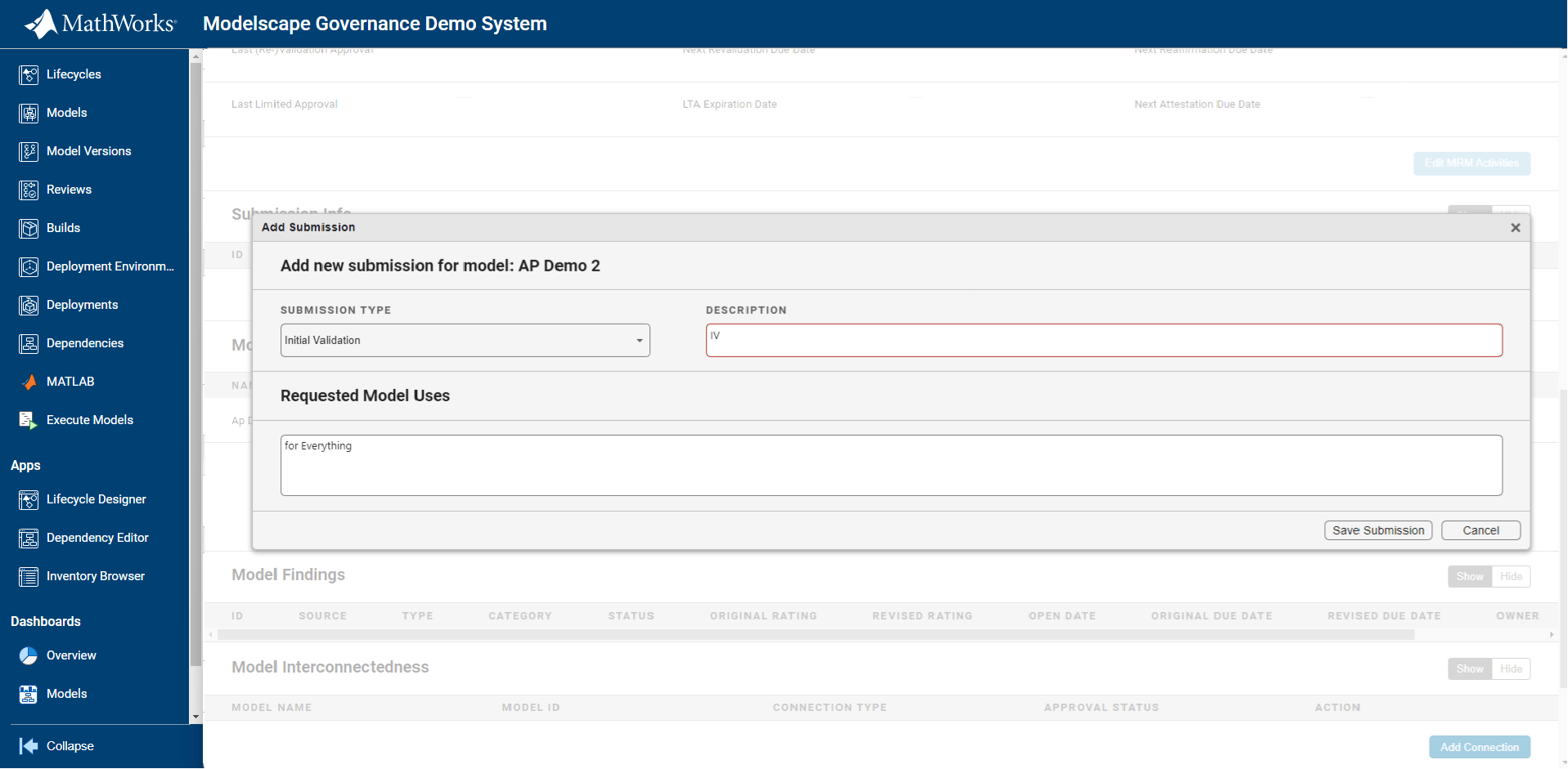 Example of page for adding a submission