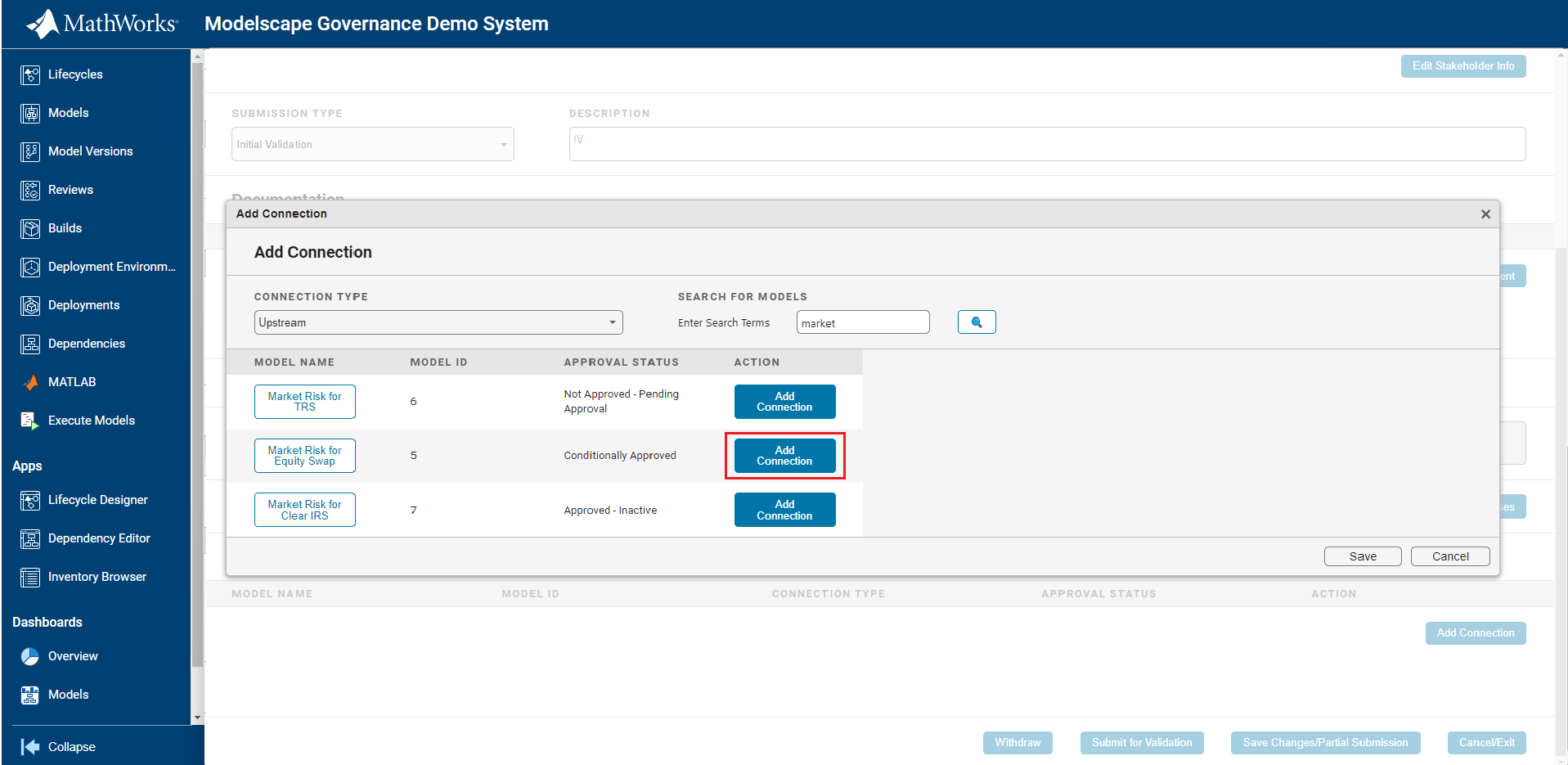 Example of page for adding connections between models