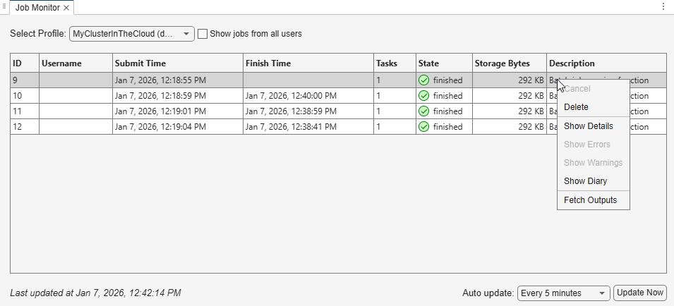The Job Monitor, showing the context menu appears when you right-click a job.
