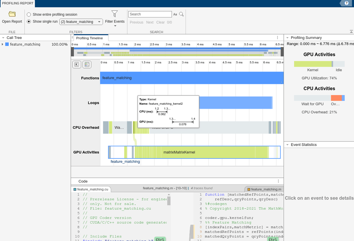 The performance analyzer output for feature_matching