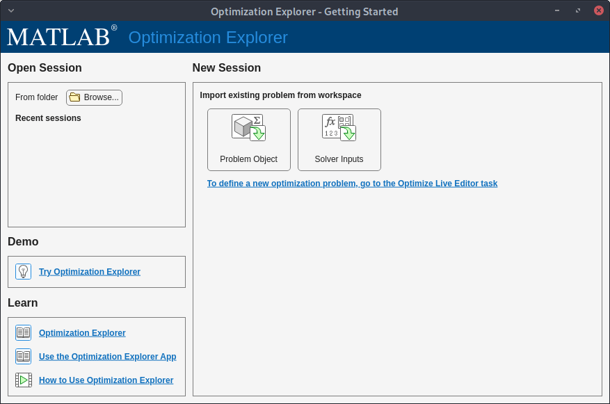 Select Solver Inputs in the New Session section of the Getting Started window.