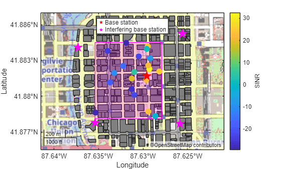 Figure contains an axes object with type geoaxes. The geoaxes object contains 5 objects of type polygon, scatter. These objects represent Base station, Interfering base station.