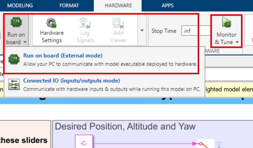 Run on board button on the Hardware tab of Simulink toolstrip.