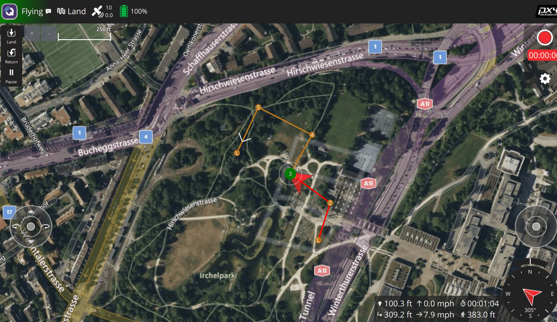 Fly View of QGroundControl showing the UAV completing the mission.