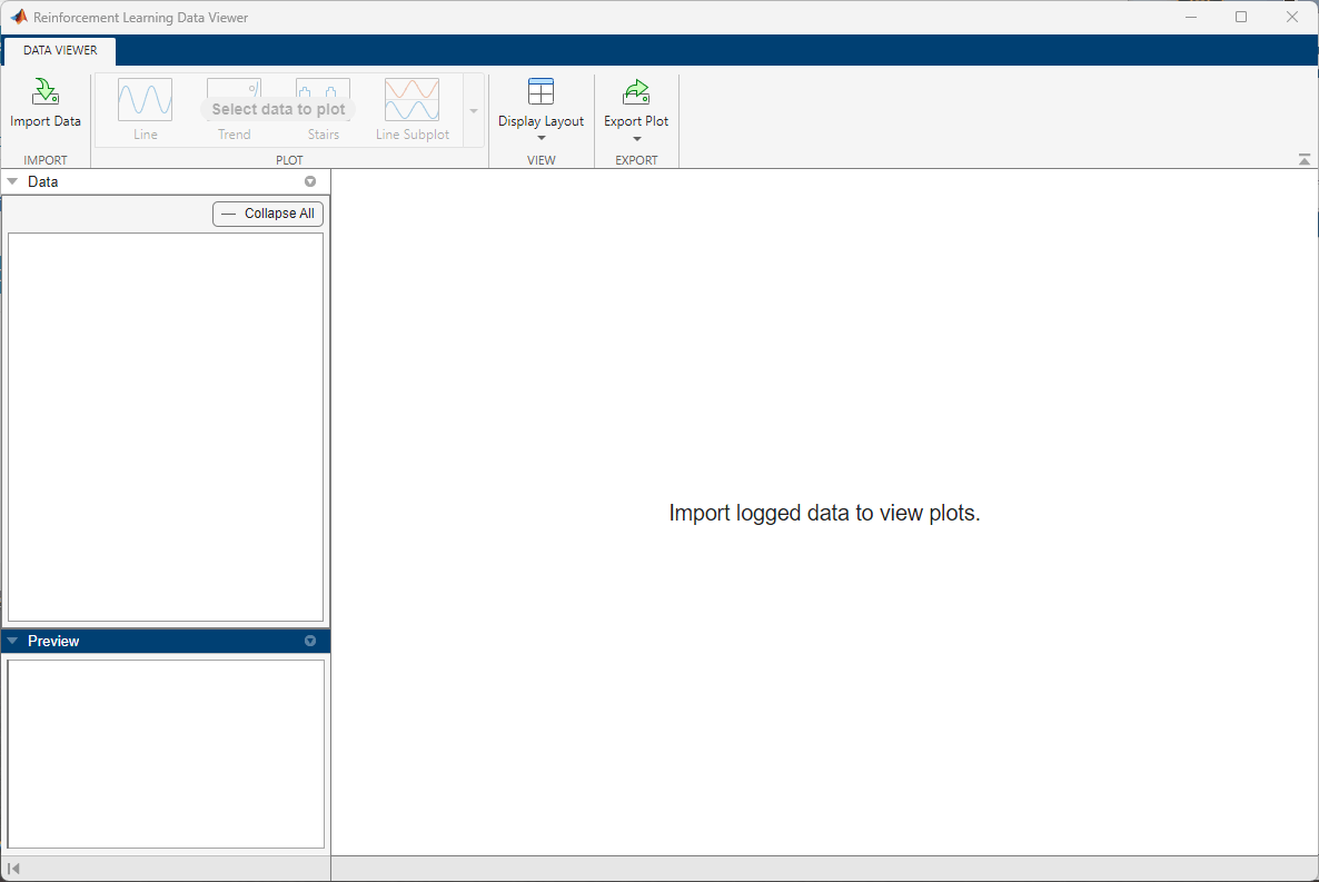 Reinforcement Learning Data Viewer window with empty Data and Preview panes