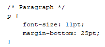 Template snippet showing the default paragraph style setting an 11 pt font size and a 25 pt bottom margin.
