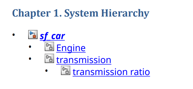 Snippet of the report showing part of Chapter 1 titled "System Hiearchy" and a portion of the linked model hiearchy.