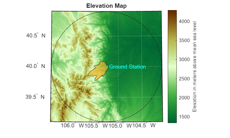 Figure contains an axes object. The hidden axes object with title Elevation Map contains 15 objects of type patch, surface, line, text. One or more of the lines displays its values using only markers