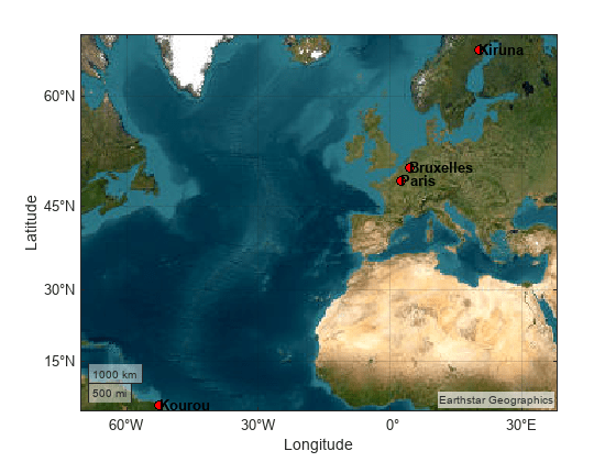 Figure contains an axes object with type geoaxes. The geoaxes object contains 5 objects of type line, text. One or more of the lines displays its values using only markers