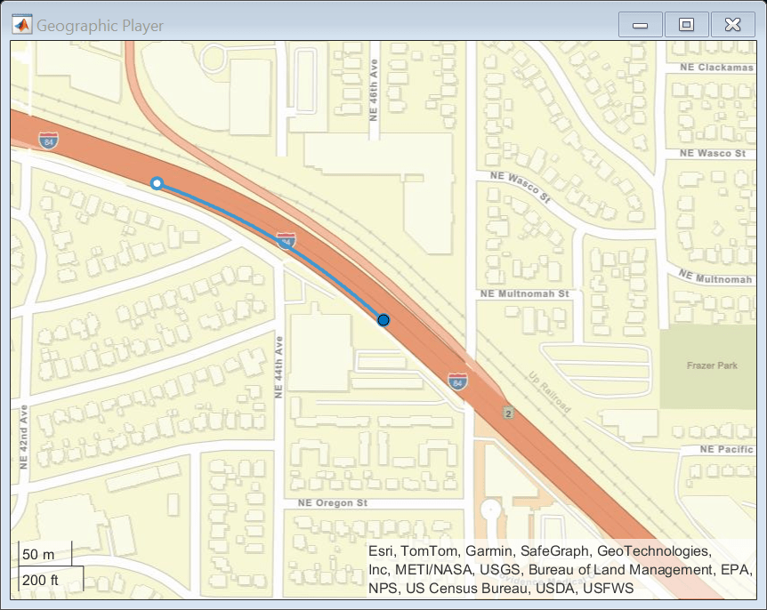 Figure Geographic Player contains an axes object with type geoaxes. The geoaxes object contains 4 objects of type line, scatter, text.