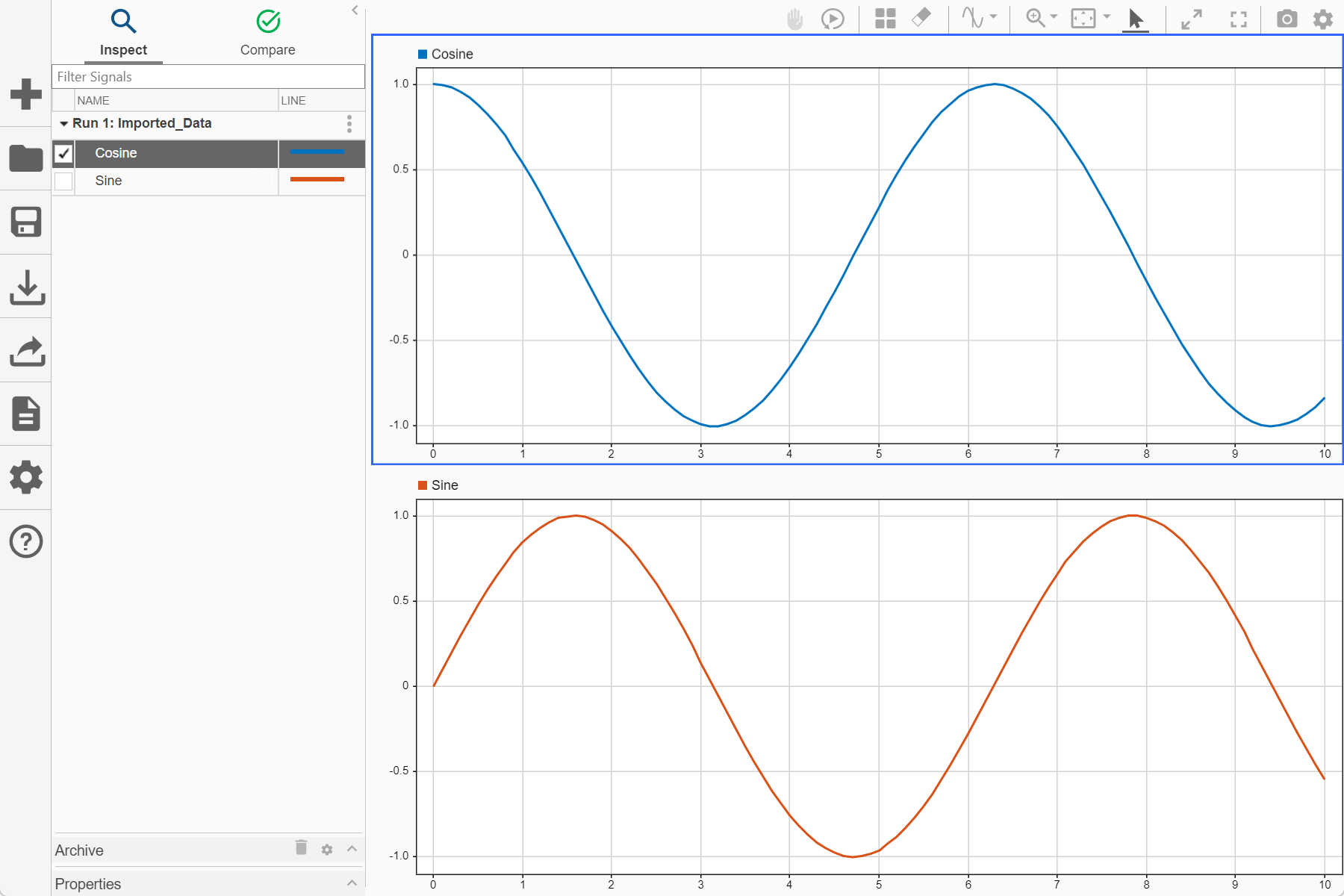 The Simulation Data Inspector with a 2x1 subplot layout. The Cosine signal is plotted in the upper subplot. The Sine signal is plotted in the lower subplot.