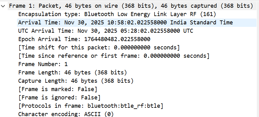 Wireshark frame detail view showing metadata for a selected Bluetooth LE packet. The pane displays arrival time, UTC arrival time, frame length, capture length, and protocol dissection information. This view provides the basic timing and structural information for the chosen LE frame.