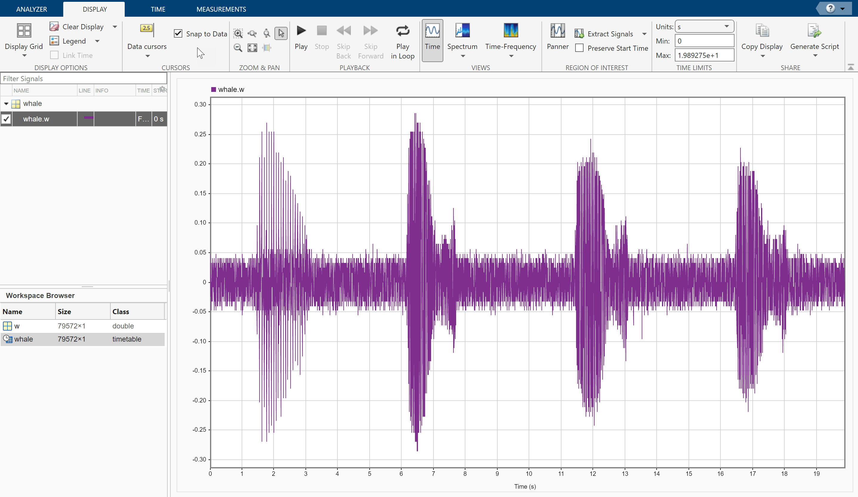 Signal Analyzer app showing the "whale" signal in time domain.